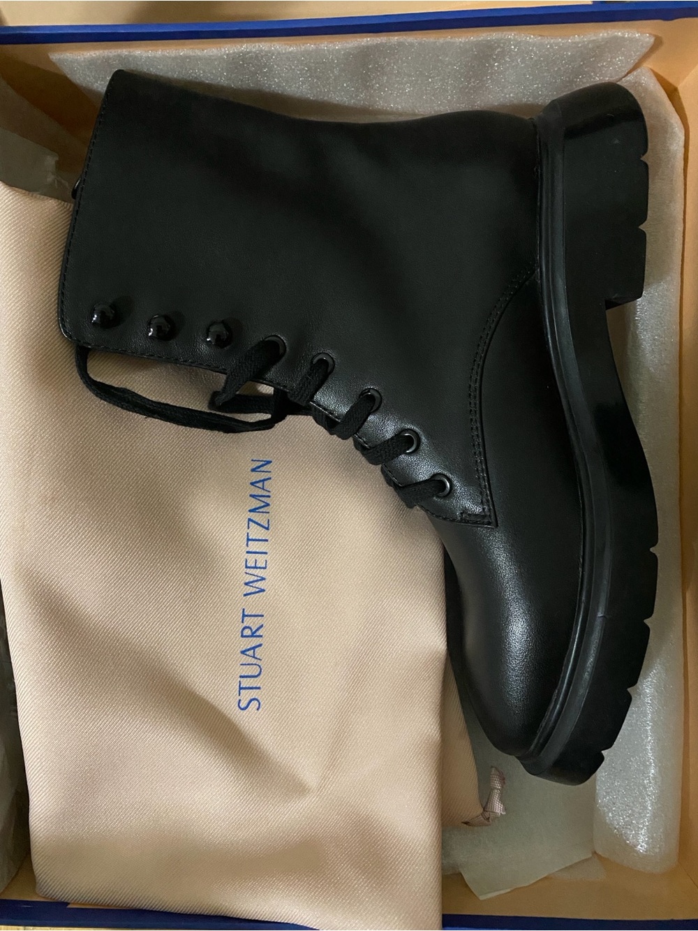 Stuart Weitzman Black Leather Lace-Up Combat Boot